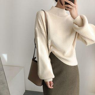 Ribbed Sweater / Back Slit Midi Straight-fit Skirt / Set