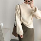 Ribbed Sweater / Back Slit Midi Straight-fit Skirt / Set