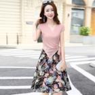 Set: Wrapped Neck Chiffon Top + Floral Skirt