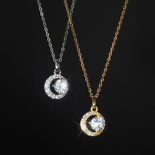 Moon Rhinestone Pendant Sterling Silver Necklace