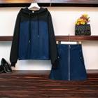 Set: Denim Panel Hoodie + A-line Denim Skirt