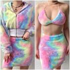 Faux-fur Halter Crop Top / Hooded Zip Jacket / Pencil Skirt / Set