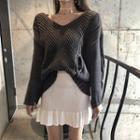 Long-sleeve Cut Out Open-knit Top As Shown In Figure - One Size