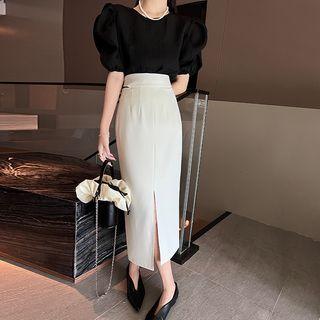 Tie-strap Slit Midi Pencil Skirt