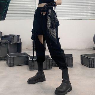 Irregular Cutout Cargo Pants Black - One Size