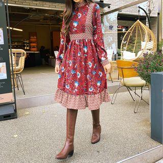Mock-neck Frill-hem Midi Patterned Dress