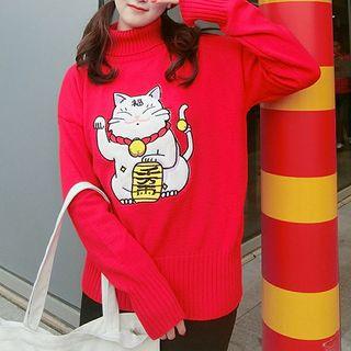 Cat Mock-neck Long-sleeve Top