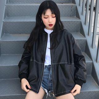 Contrast Stitching Faux Leather Bomber Jacket
