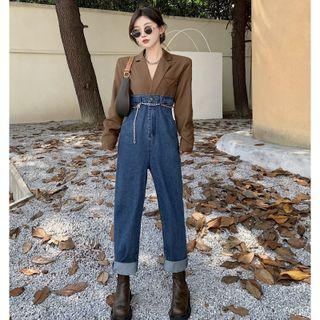 Patchwork Straight-cut Denim Jumpsuit / Belt