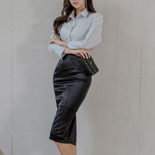 Set: Plain Shirt + Faux Leather Skirt