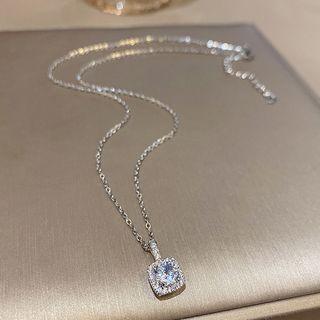 Square Rhinestone Pendant Stainless Steel Necklace X447 - Silver - One Size
