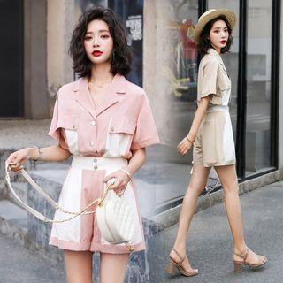 Set: Elbow-sleeve Color Block Shirt + Wide-leg Shorts