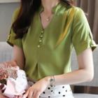 Short-sleeve Embellished V-neck Blouse