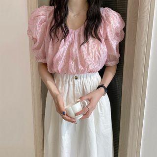 Mesh Dotted Puff-sleeve Shirt + High-waist A-line Maxi Skirt