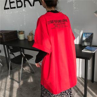 Elbow-sleeve Lettering T-shirt / Leopard Print Midi Straight-fit Skirt