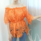 Off-shoulder Gathered-waist Eyelet Lace Top