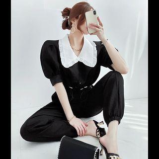 Set: Frilled-collar Cropped Top + Jogger Pants Black - One Size