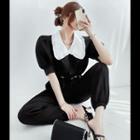 Set: Frilled-collar Cropped Top + Jogger Pants Black - One Size
