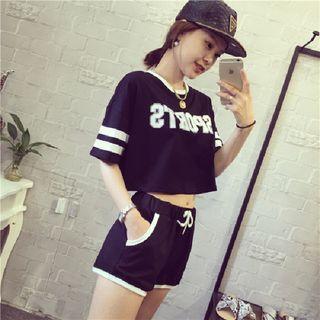 Set: Short-sleeve Lettering Print T-shirt + Sweatshorts