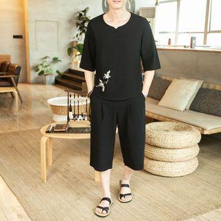 Set: Crane Embroidered Elbow-sleeve T-shirt + Shorts