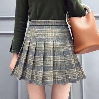 Pleated Plaid Woolen A-line Skirt
