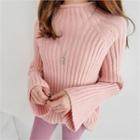Monk-neck Bell-sleeve Ribbed Knit Top