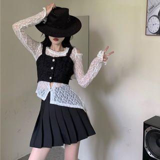 Round-neck Cold-shoulder Lace Top / Button-up Camisole Top / High Waist Pleated Mini Skirt