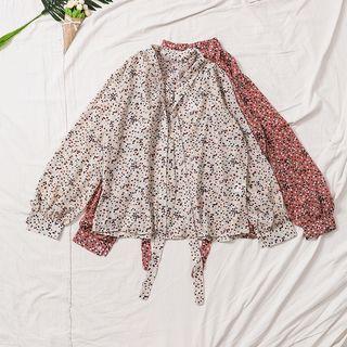 Stand Collar Dotted Print Lace-up Blouse