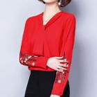 Long-sleeve Floral Embroidery Chiffon Top