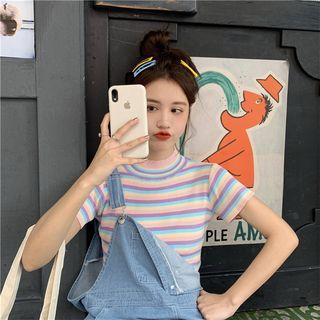 Mock Neck Striped Short-sleeve Knit Top As Shown In Figure - One Size