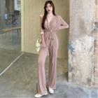 Long-sleeve V-neck Plain Tie-waist Jumpsuit