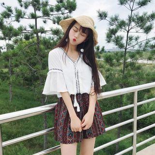 Tasseled Embroidered Elbow Sleeve Top / Patterned Wide Leg Shorts