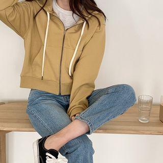 Kangaroo-pocket Zip-up Cropped Hoodie