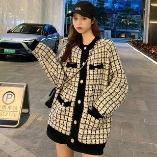 Long-sleeve Contrast Trim Plaid Button-up Sweater Cardigan