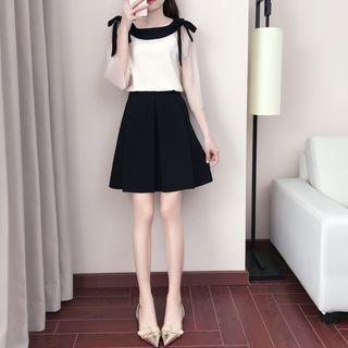 Set: Two-tone 3/4-sleeve Top + High-waist A-line Skirt