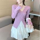 V-neck Twisted Knit Top / Layered Mini A-line Skirt