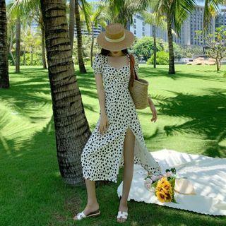 Short-sleeve Square-neck Polka Dot Maxi Dress