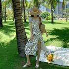 Short-sleeve Square-neck Polka Dot Maxi Dress