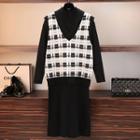 Set: Mock-turtleneck Knit Dress + Plaid Knit Vest Dress - Black - One Size / Vest - Plaid - White - One Size