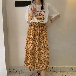 Elbow-sleeve Graphic Print T-shirt / Floral Print Midi A-line Skirt