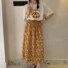 Elbow-sleeve Graphic Print T-shirt / Floral Print Midi A-line Skirt