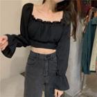 Long-sleeve Frill Trim Square-neck Crop Top Black - One Size