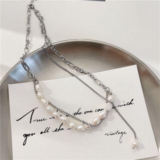 Faux Pearl Layered Stainless Steel Necklace 1 Piece - Silver - One Size