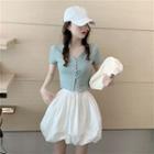 Short-sleeve Faux Pearl Buttoned Top / A-line Skirt