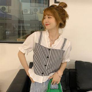 Short-sleeve Mock Two-piece Gingham Blouse Gingham - Black & White - One Size