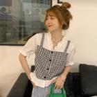 Short-sleeve Mock Two-piece Gingham Blouse Gingham - Black & White - One Size