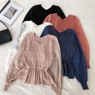 Plain V-neck Perforated Argyle Panel Chiffon Knit Top