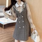 Mock Two-piece Puff-sleeve Sequined Plaid Dress