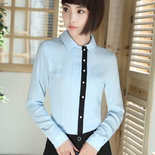 Panel Long-sleeve Blouse / Plain Pants Set
