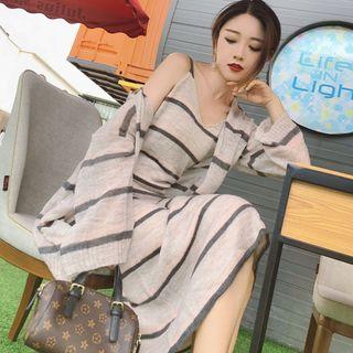 Set: Striped Strappy Midi Dress + Cardigan